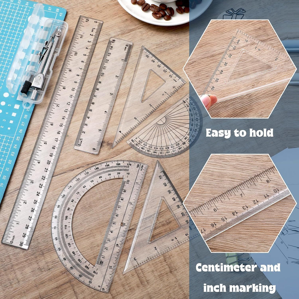 7‑Piece Geometry Set with Drawing Compass, 6 & 4 Inch Protractors, Triangle Rulers and Straight Rulers, Transparent