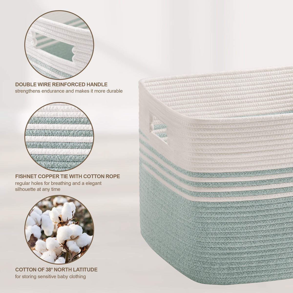 60L Woven Laundry Basket Hamper with Handles, Green