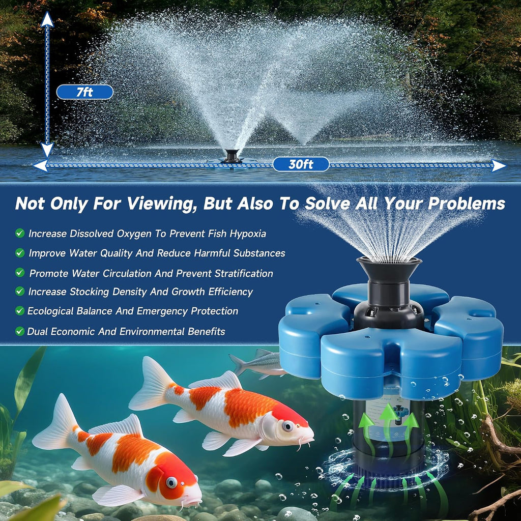 Pond Fountain Aerator, 1HP 110V 15000 GPH Fountain Pump, Fully Automatic Powerful Lake Floating Fountain, 100 FT
