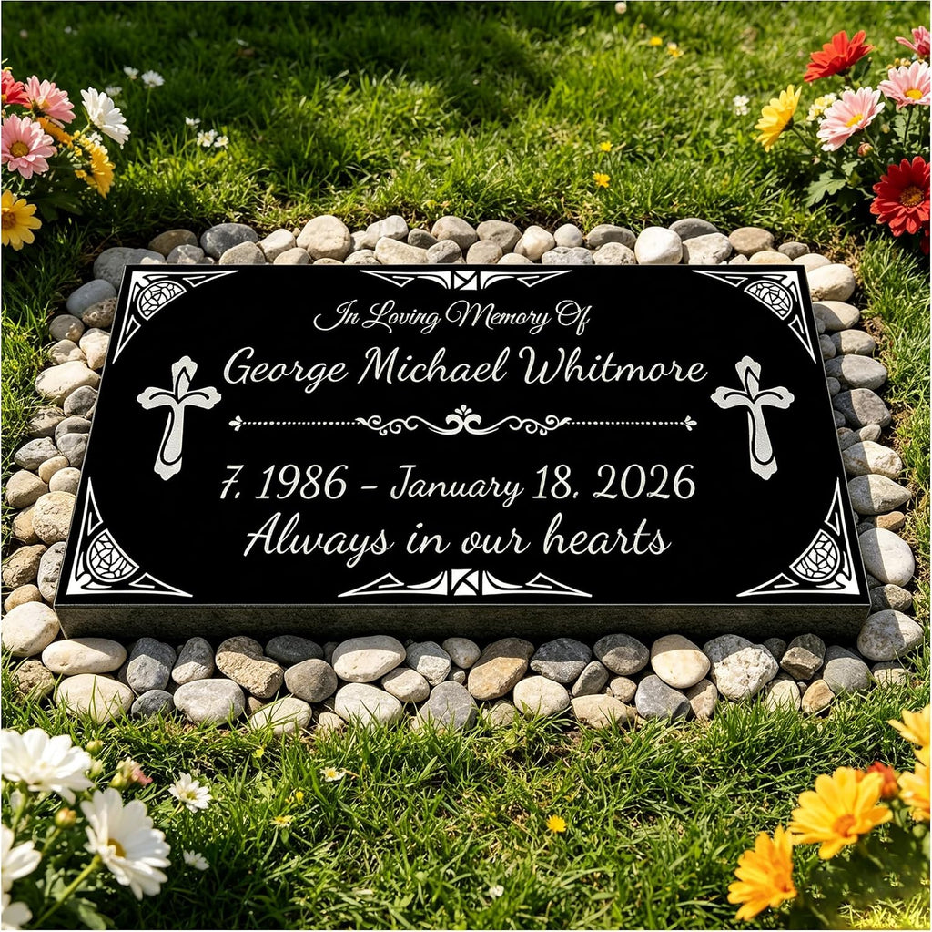 Personalized Human Memorial Stone, Black Granite Headstone with Photo, Engraved Grave Marker for Cemetery Outdoor