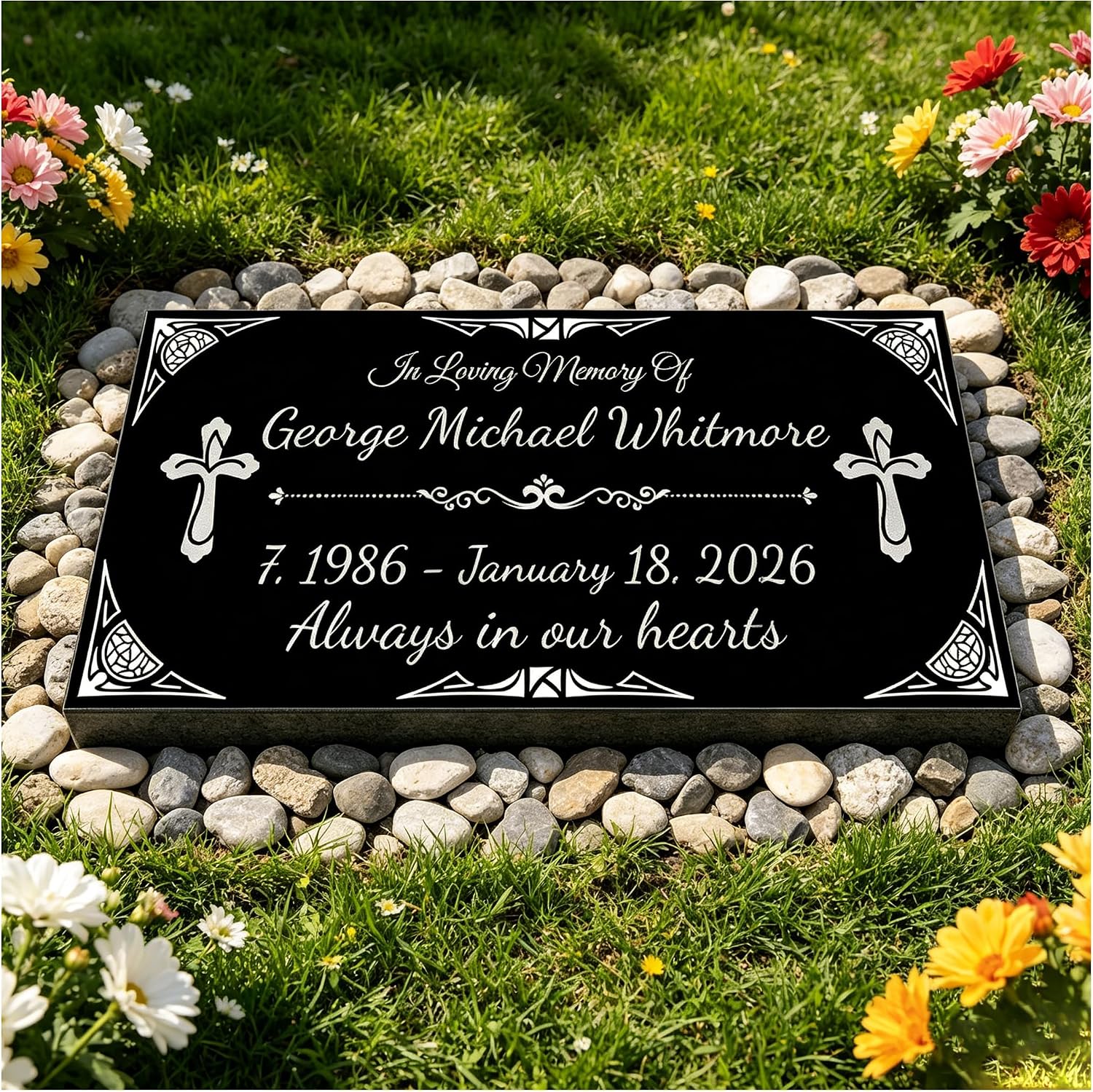 Personalized Human Memorial Stone, Black Granite Headstone with Photo, Engraved Grave Marker for Cemetery Outdoor
