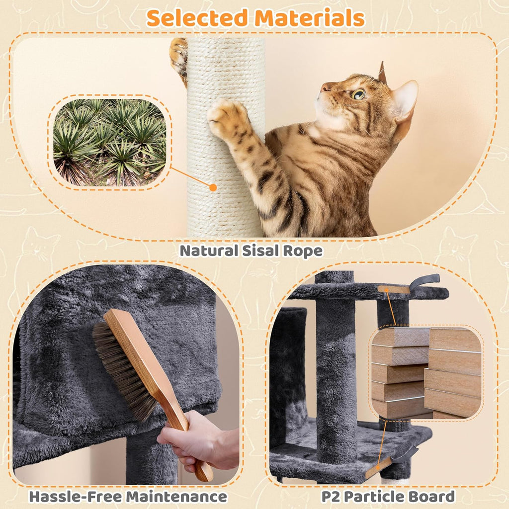 54in Cat Tree Tower for Large Cats, Multi-Level Condo & Hammock
