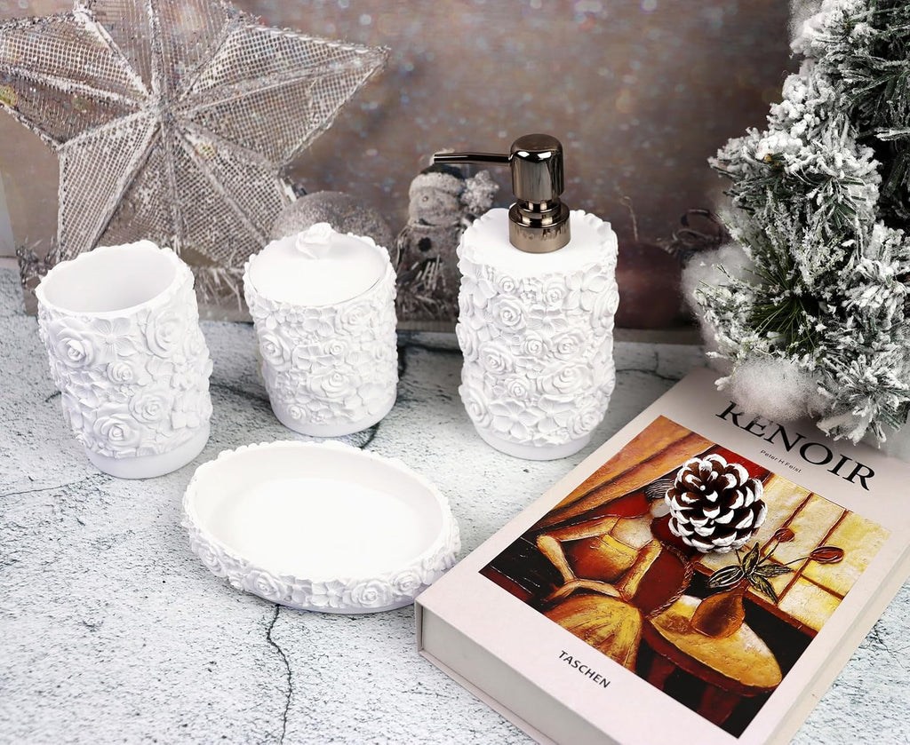 Bathroom Accessories Set,Rose Design Bathroom Set,Farmhouse Bathroom Decor,4 Pcs Resin Gift Set Apartment