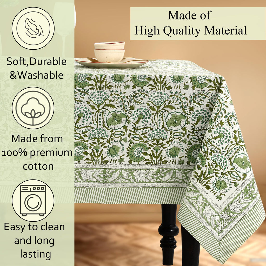 CPC Agate Green Block Print 100% Cotton Square Tablecloth 60x60 Inch
