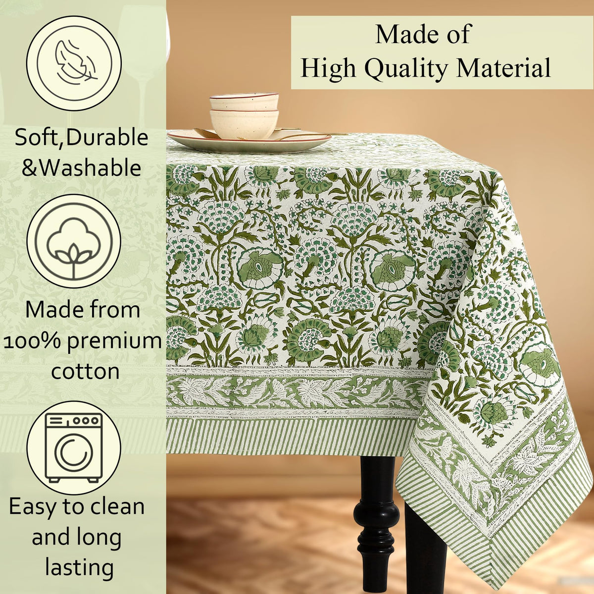 CPC Agate Green Block Print 100% Cotton Square Tablecloth 60x60 Inch