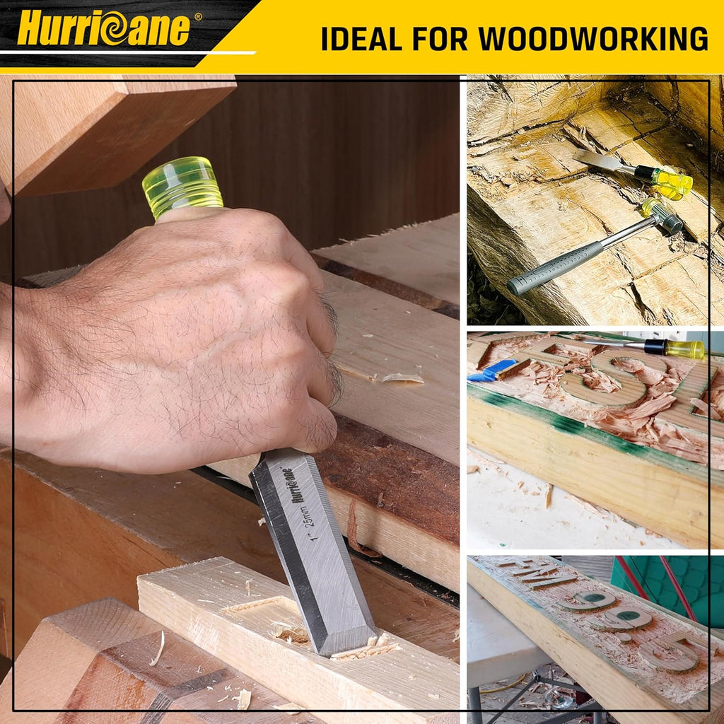 4 Piece Wood Chisel Set for Woodworking. CR-V Steel Beveled Edge Blades with Safety Caps. Extra Large Grip