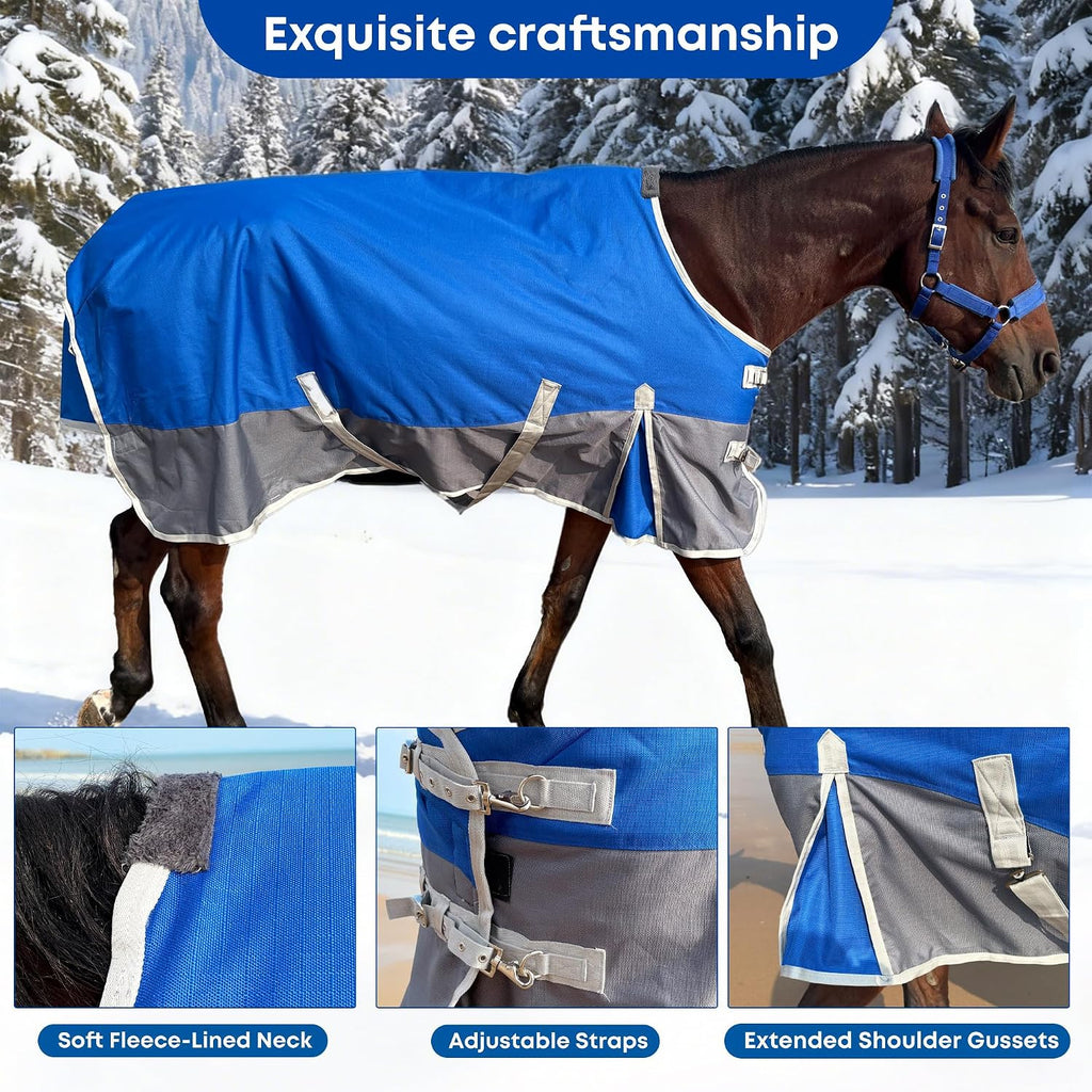 Horse Blanket for Winter, Waterproof, 1200D, 220g (Blue/Gray, 81 in)