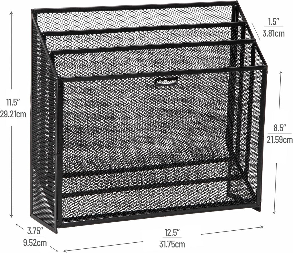 Vertical File Storage, Desktop Organizer, Workspace, Office, Metal Mesh, 12.5"L x 3.75"W x 11.5"H, Black