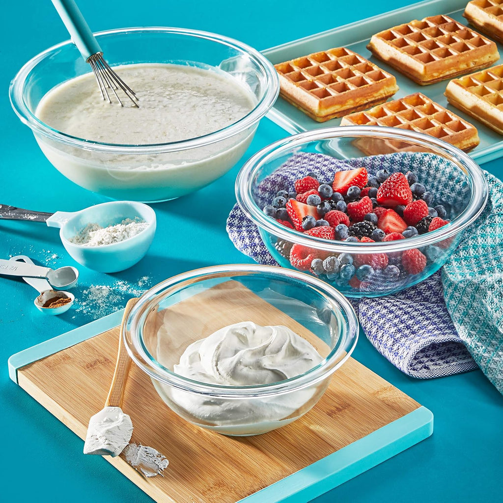 Essentials (3-Piece) Glass Mixing Bowls Set For Prepping, Baking and Cooking, Preheated Oven, Dishwasher, Freezer