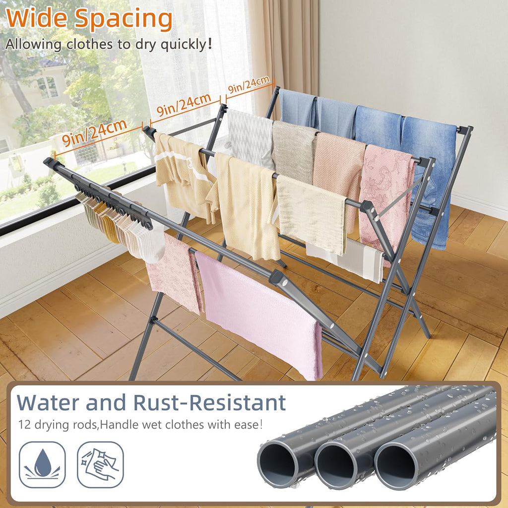 Drying Rack Clothing,12 Drying Poles with Sock Clips Clothes Drying Rack | Foldable Portable Laundry Drying Rack for