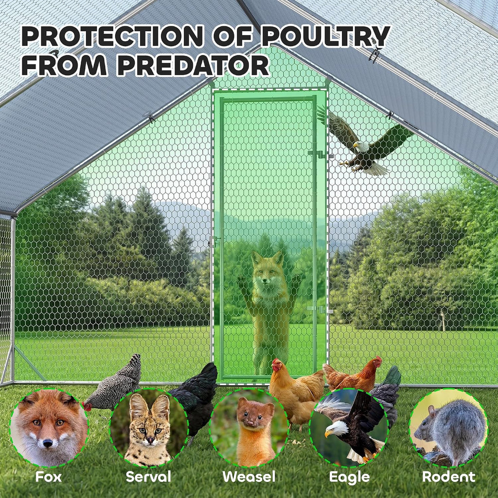 Large Chicken Coop Metal Chicken Run with Waterproof and Anti-UV Cover, Spire Shaped Walk in Fence Cage Hen House for