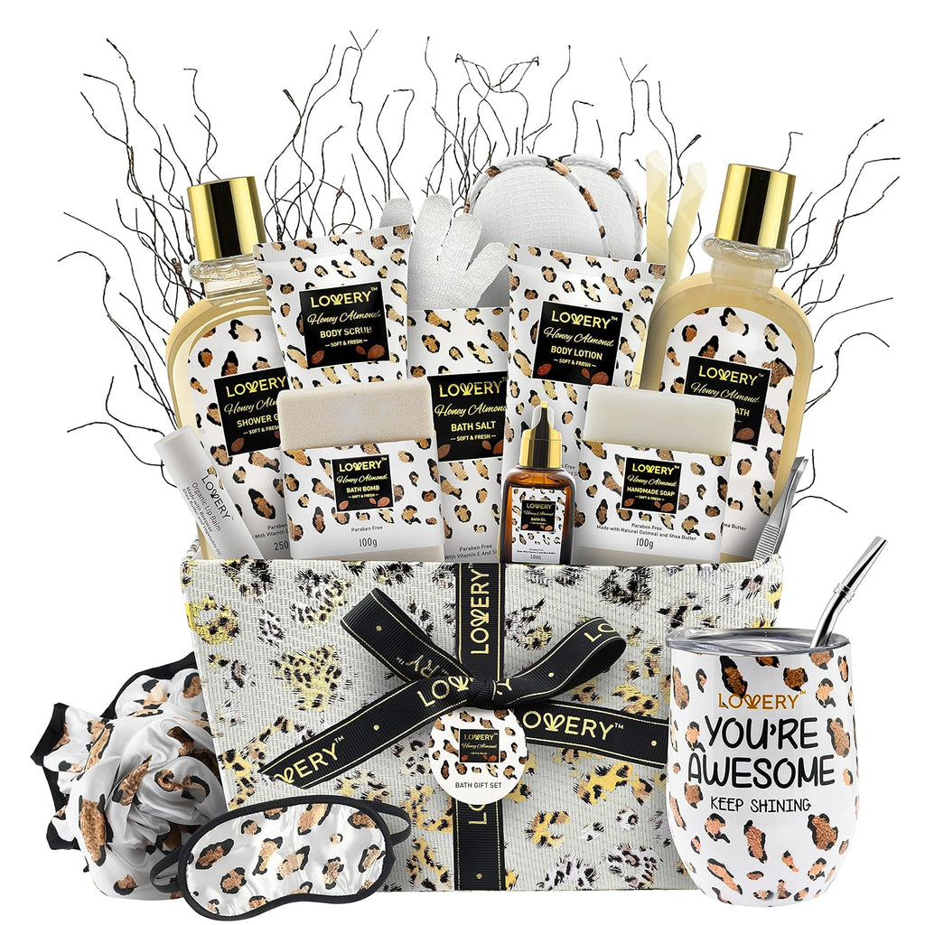 Luxury At-Home Spa Kit with Honey Almond Scent - Bath Gift Basket with Vit E-Rich Bath Essentials, Tumbler, Ear