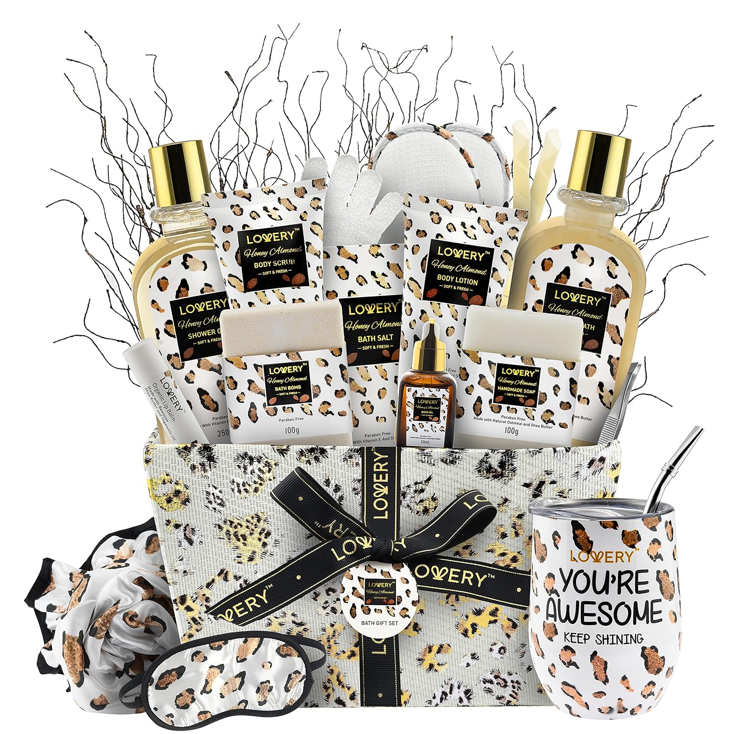 Luxury At-Home Spa Kit with Honey Almond Scent - Bath Gift Basket with Vit E-Rich Bath Essentials, Tumbler, Ear