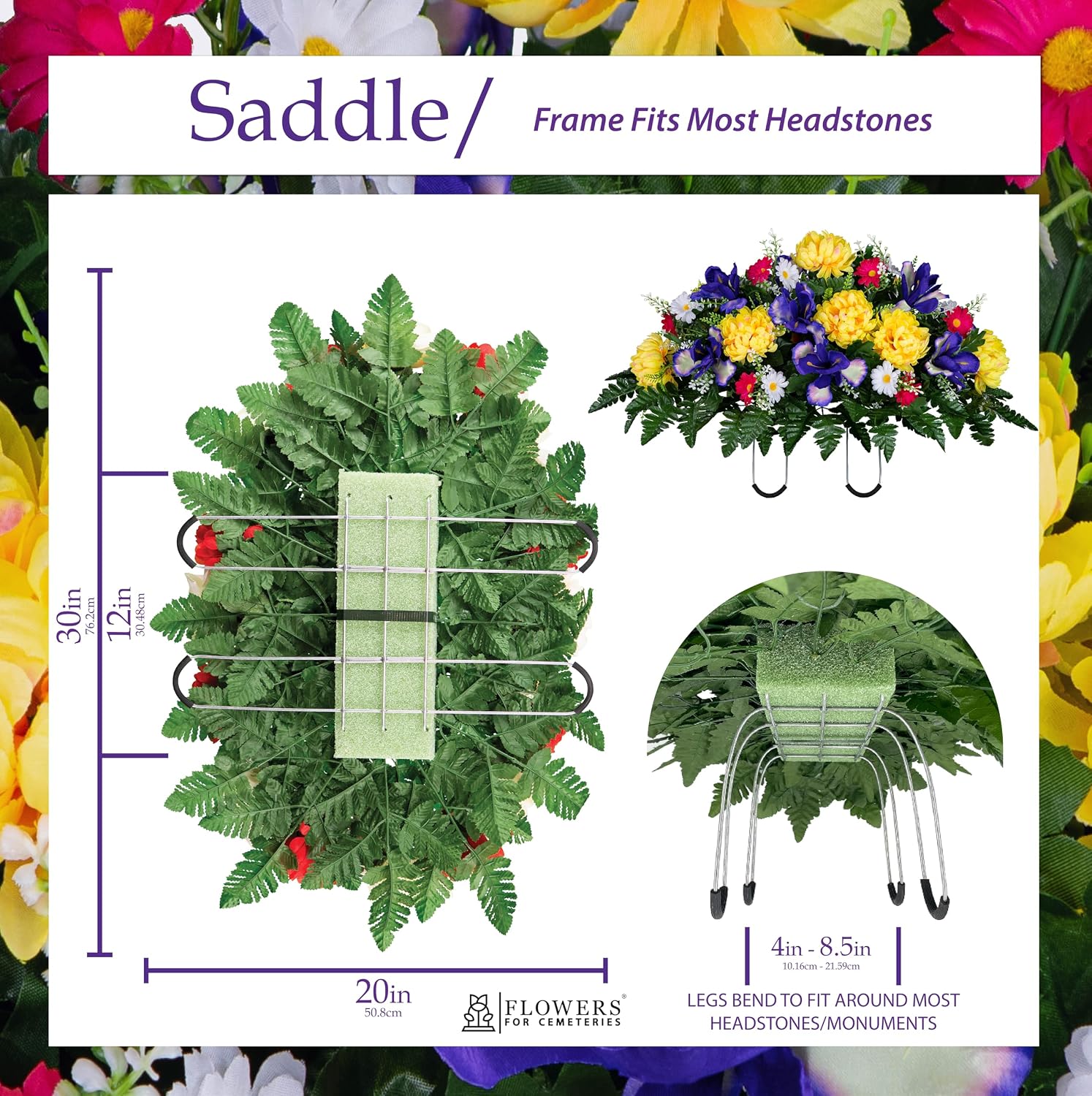 30" Spring Headstone Flowers Saddle - Purple Iris, Yellow Mum, Daisies - Grave Flowers - Mother's Day Spring Flowers