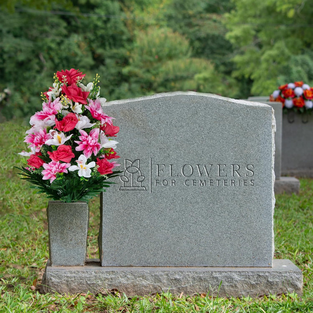 Artificial Cemetery Flowers - Gravesite Flowers - Pink Roses with White Orchids and Pink Dahlias - (1) Bouquet