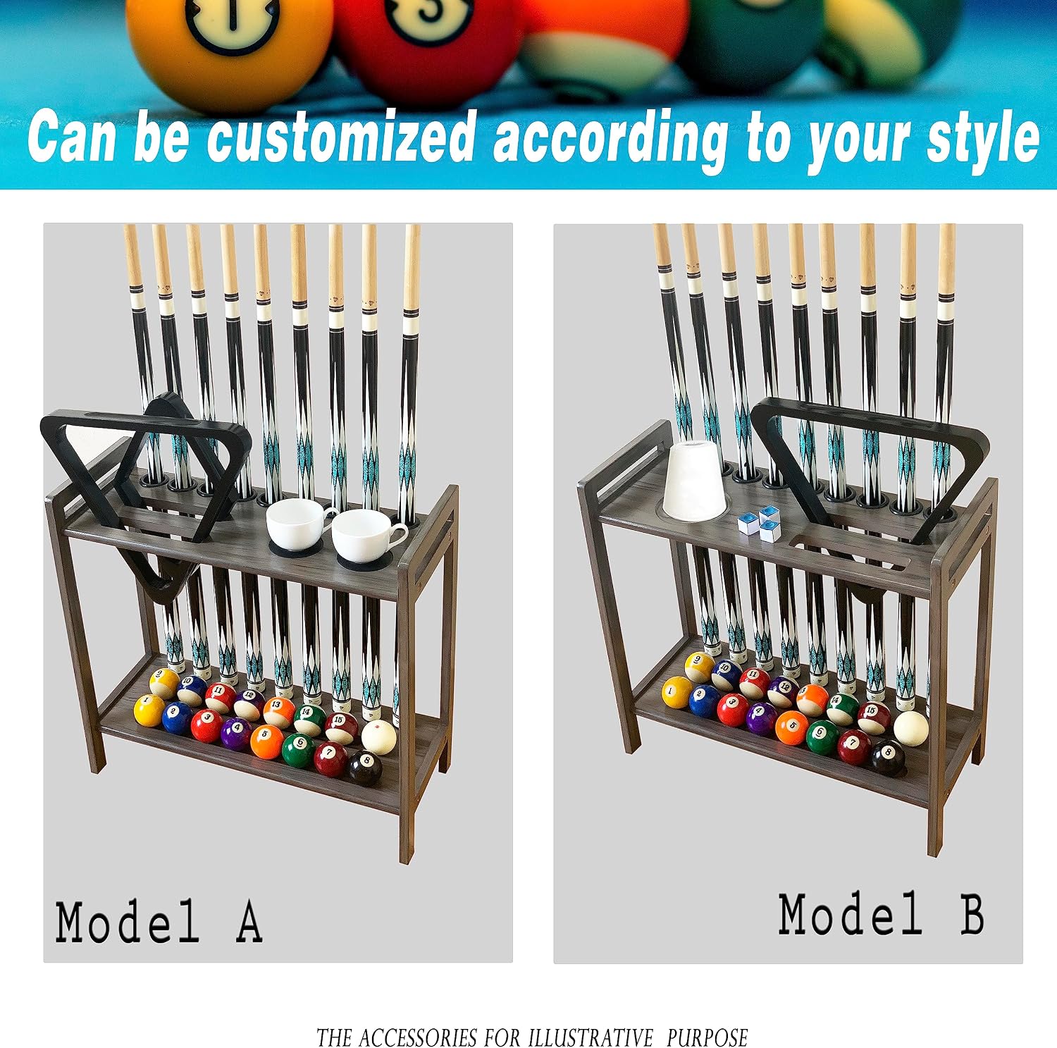 Pool Stick Holder Floor Stand Holds 9 Cues & Pool Table Accessories. Wooden 2-Tier Cue Stick Storage with Ball Rack