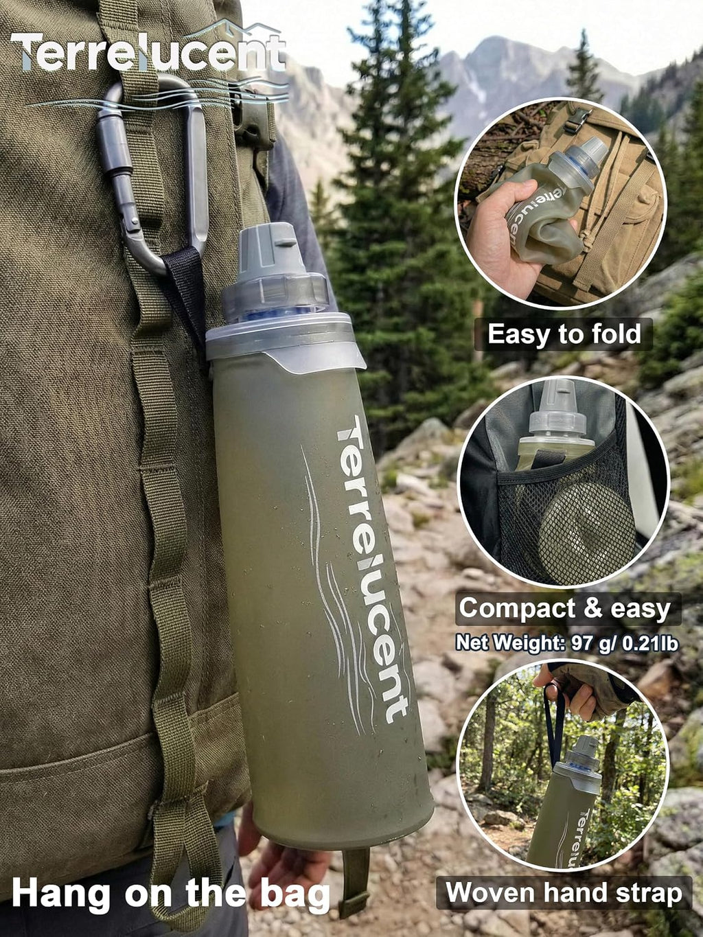 Collapsible Water Filter Bottle with Carabiner, 750ml | Gray, 0.1 μm Hollow Fiber Membrane & Activated Carbon