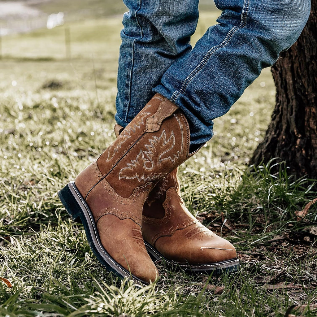 NINGO Steel Toe Work Boots for Men Square Toe Cowboy Boots Soft Toe | Full-Grain Leather Western Boots, Water & Slip