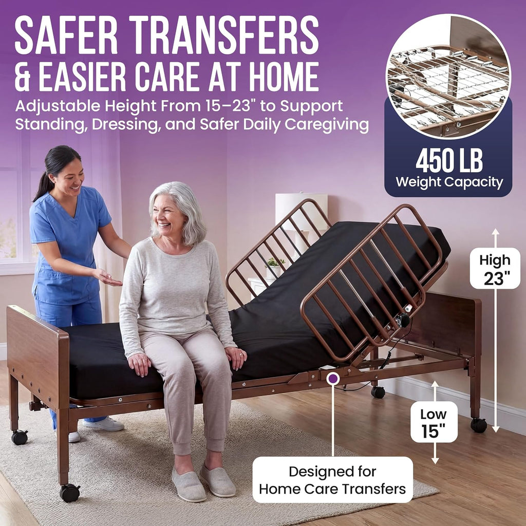 Full Electric Hospital Bed Package (Full Electric Home Hospital Bed Package w/Foam Mattress, Half Rail Set)