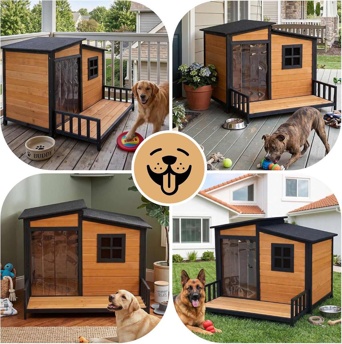 XLarge Dog House Outdoor Anti‑Chew Iron Wooden Elevated Dog Kennel Home 44"