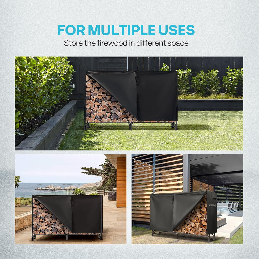 6 ft Heavy Duty Firewood Rack Outdoor with Cover, Black | Fire Wood Storage Rack, Log Holder and Cover Combo Set with