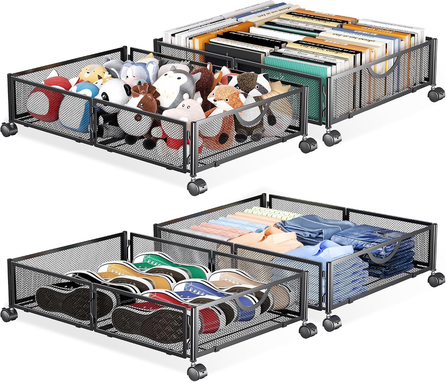 Under Bed Storage with Wheels, 4 Pack Under Bed Shoe Storage Organizer Drawer, Tool-free Assembly Metal Underbed