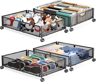 Under Bed Storage with Wheels, 4 Pack Under Bed Shoe Storage Organizer Drawer, Tool-free Assembly Metal Underbed
