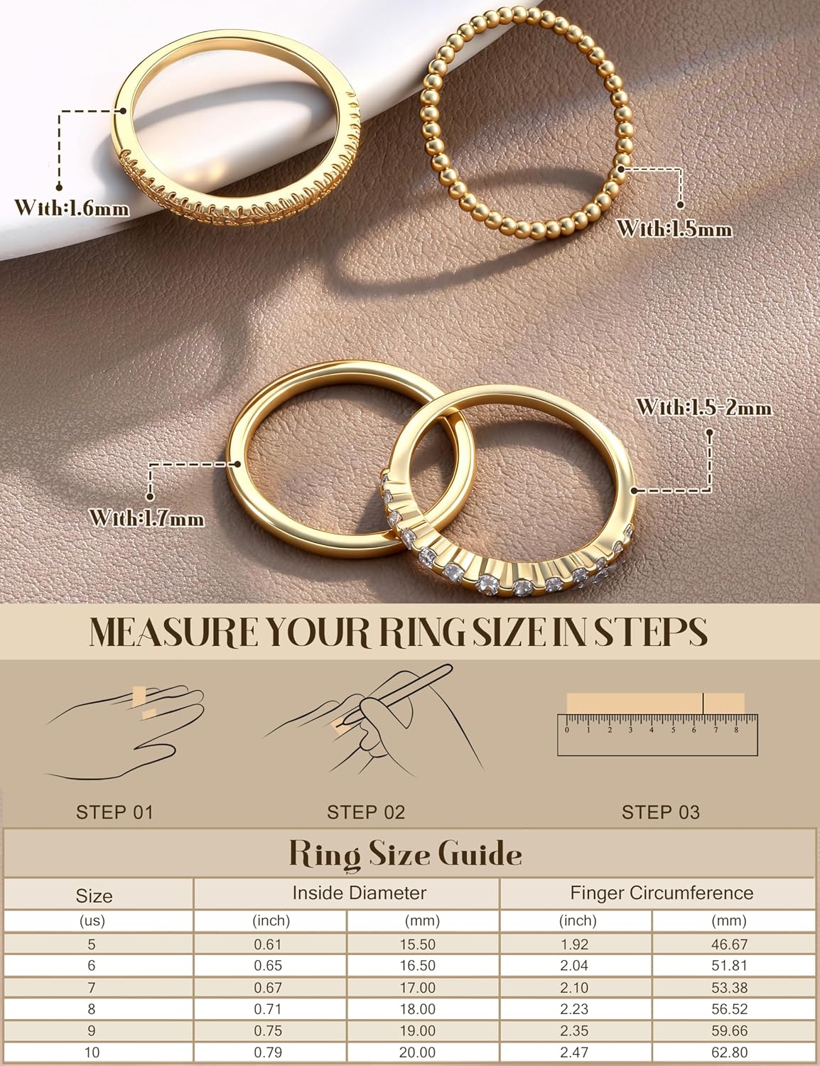 14K Gold Plated Stackable Rings for Women Non Tarnish Dainty Cubic Zirconia Thumb Ring Set Silver Plated Stacking Set