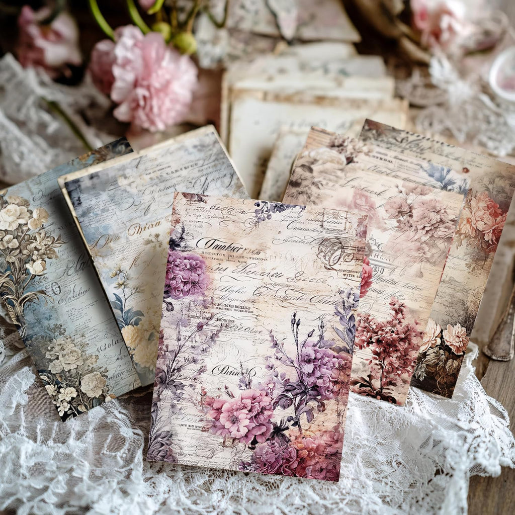 160 Sheets Vintage Flower Scrapbook Paper, Junk Journal Supplies, Purple Pink Flowers with Cursive Script No