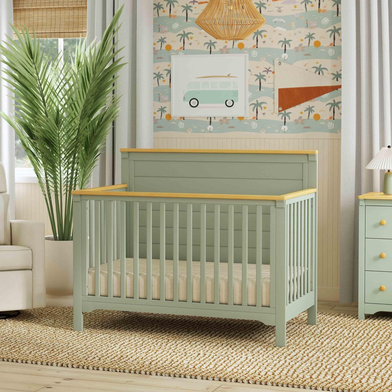 Shea 4-in-1 Convertible Crib in Light Sage and Honey, Greenguard Gold and FSC Certified