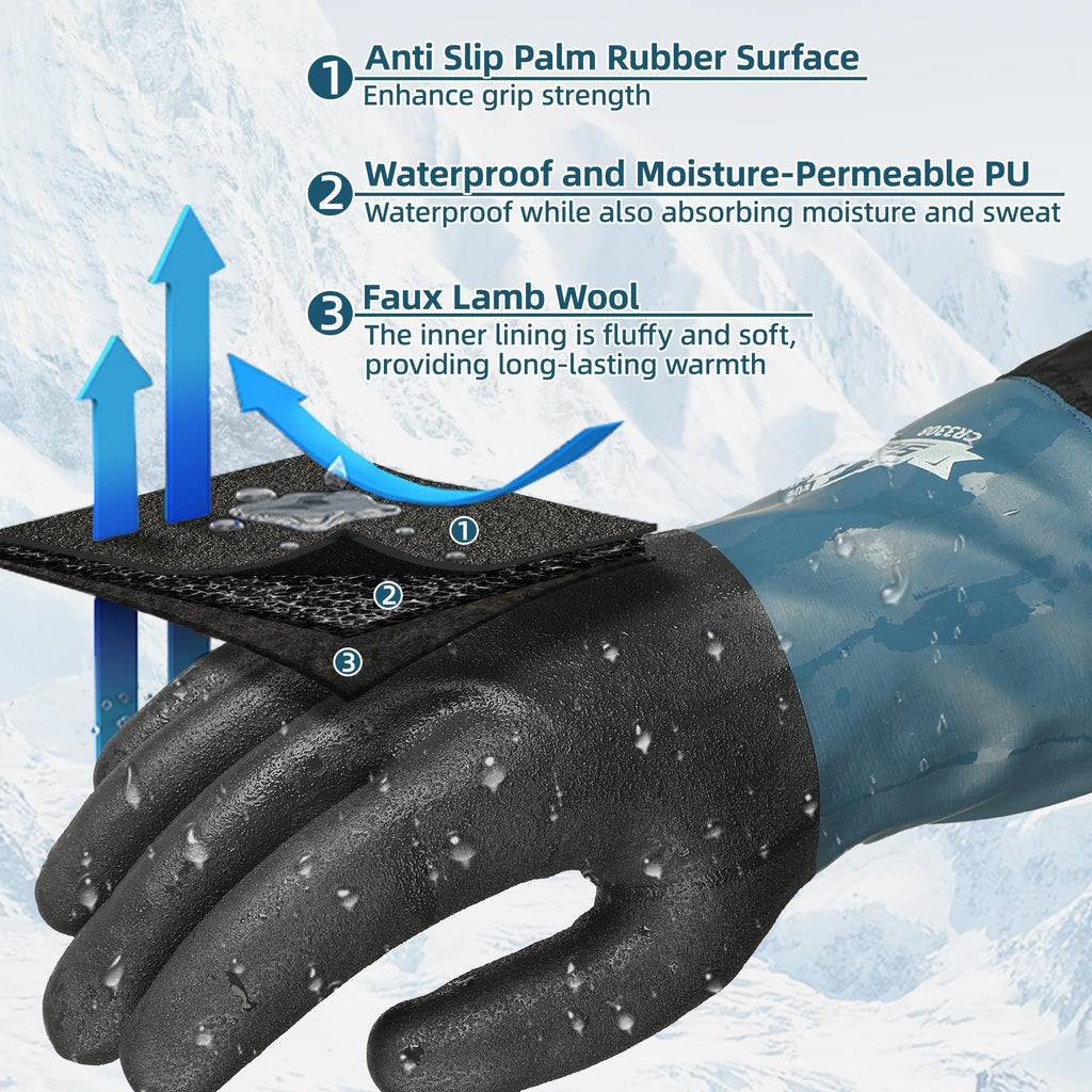 100% Waterproof Winter Work Gloves, Long Freezer Glove with Water-based PU Coating, Ultimate Warmth, Non-Slip