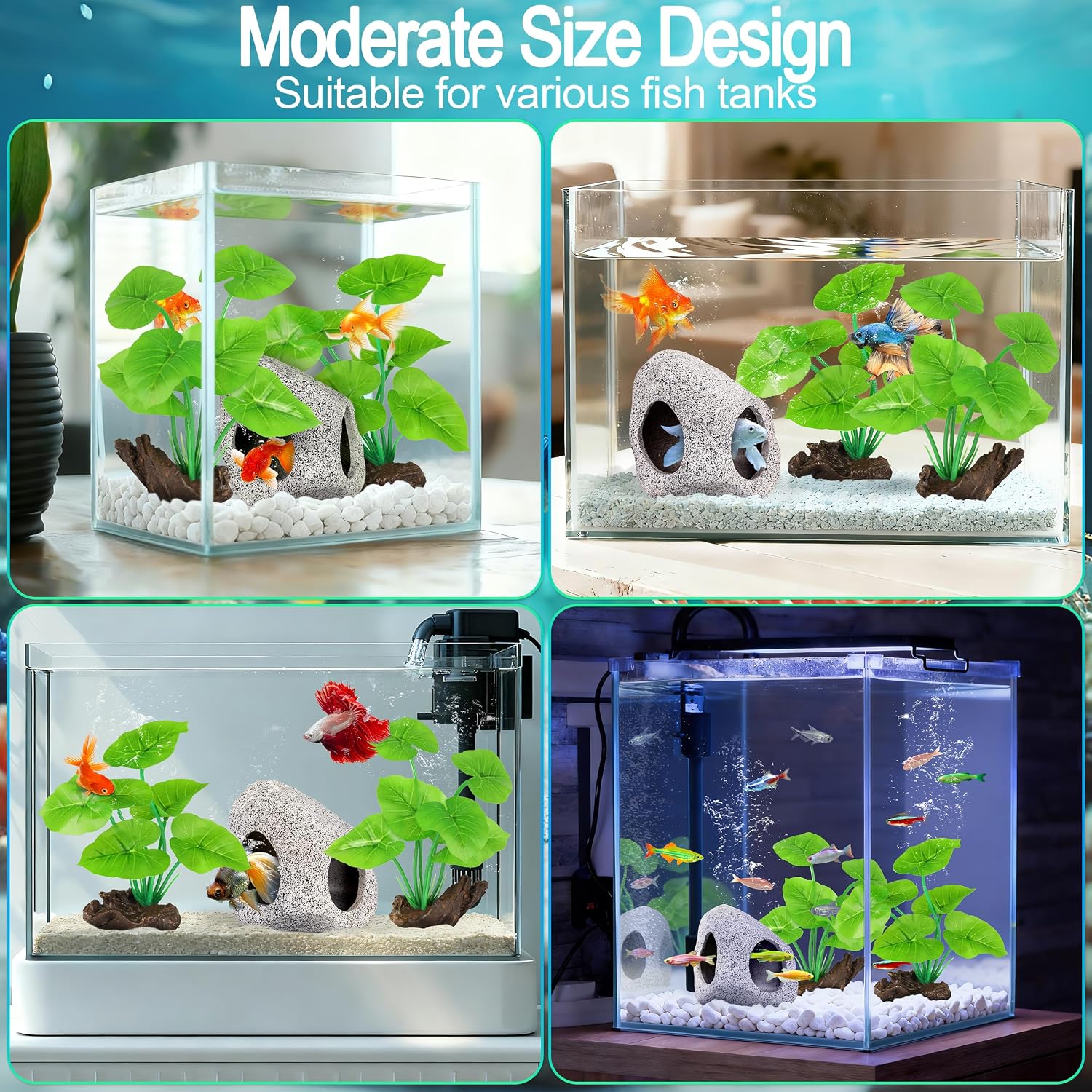 Fish Tank Decor, Silk Aquarium Plants and Hideaway Rock Cave Decor for Betta Fish Tank Accessories, Goldfish, Turtle