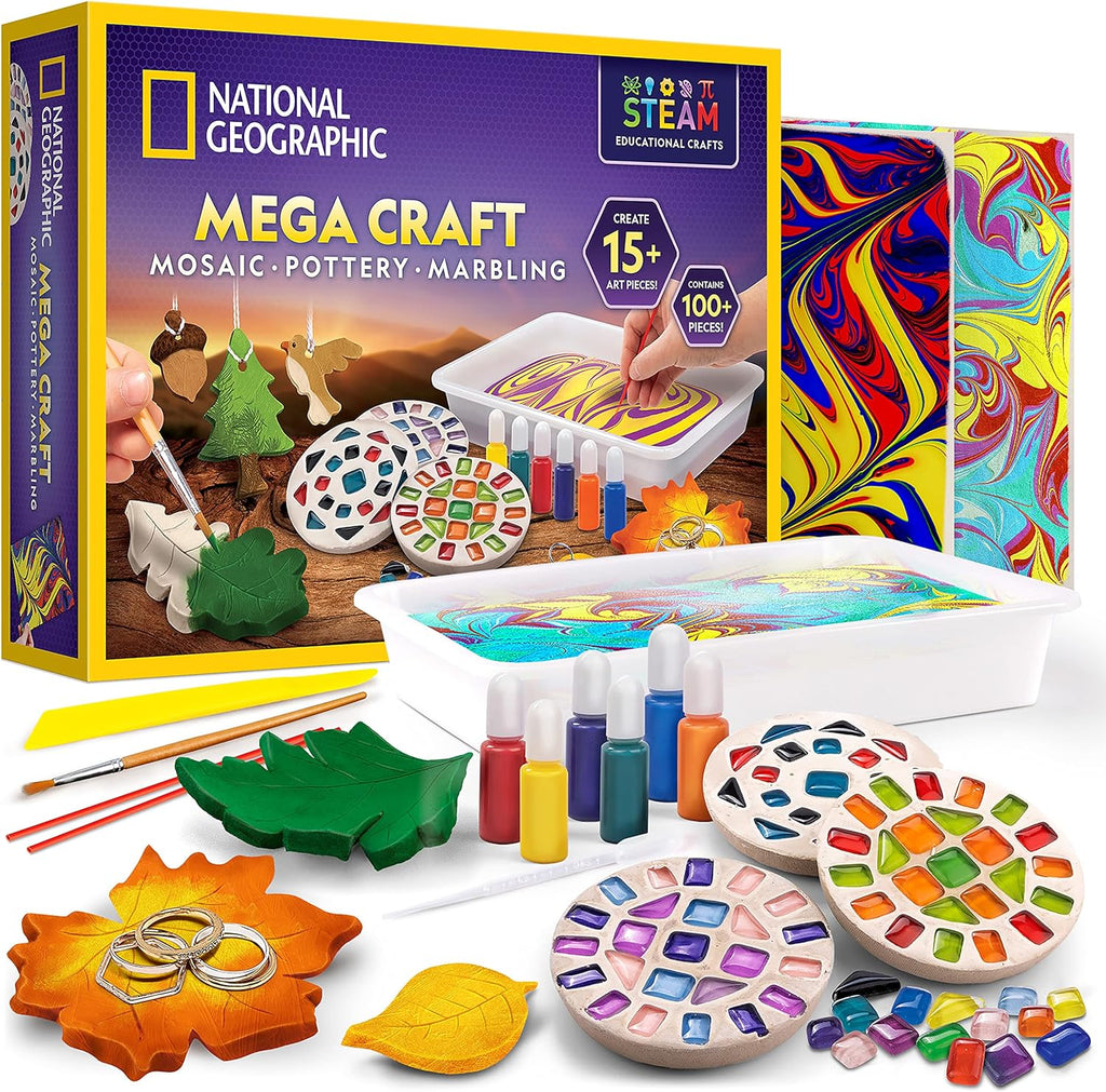 NATIONAL GEOGRAPHIC Mega Arts and Crafts Kit for Kids – Mosaic Kit, Marbling Paint Kit & Air Dry Clay Pottery Kit –