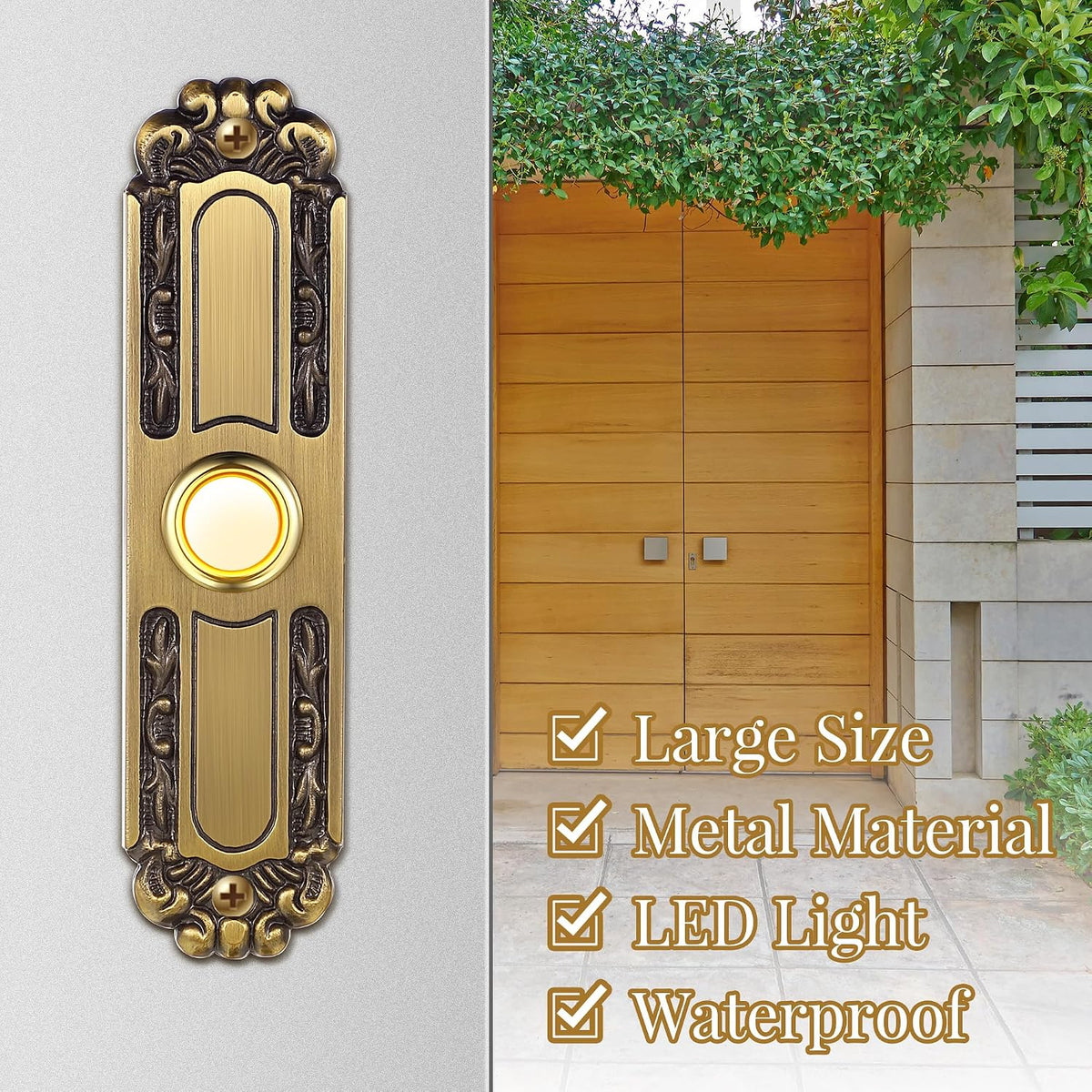 Lighted Metal Doorbell Push Button, Retro Style Door Bell | Universal Garage Door Opener Switch with LED Light