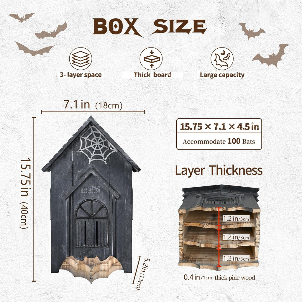 Wooden Castle Bat House with Gatehouse/Tower/Curtain Wall Design, Large Ventilated 2/3 Chamber Bat Box, Ideal for