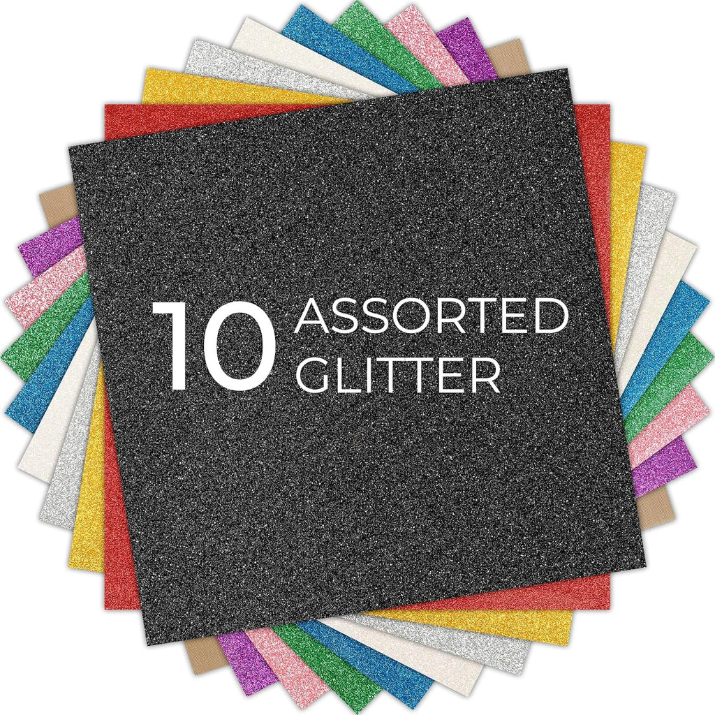 Glitter HTV Heat Transfer Vinyl: 10 Pack 12"x12" Iron on Vinyl | Glitter Iron on Vinyl for T-Shirt (1 PTFE Sheet