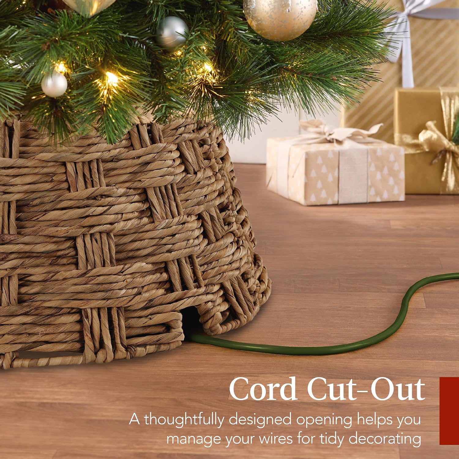 24in Christmas Tree Collar, Basket Woven Hyacinth 3-Piece Holiday Rattan Tree Skirt Accessory for Home w/Cord Cut-Out