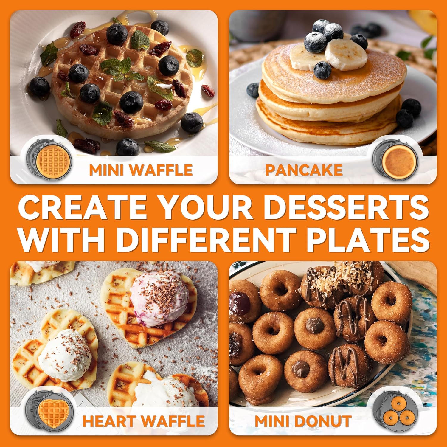 4 in 1 Mini Waffle Maker with Removable Plates, A Set of Mini Pancake Maker, Mini Donut Maker, Mini Heart Shape