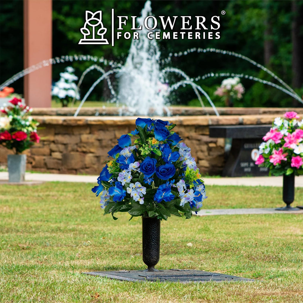 Artificial Cemetery Flowers - Gravesite Flowers - Blue Roses and Hydrangeas