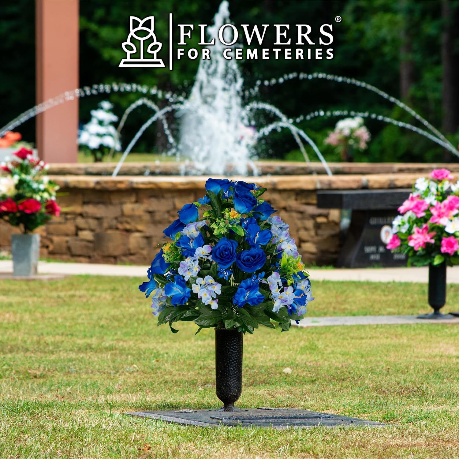 Artificial Cemetery Flowers - Gravesite Flowers - Blue Roses and Hydrangeas