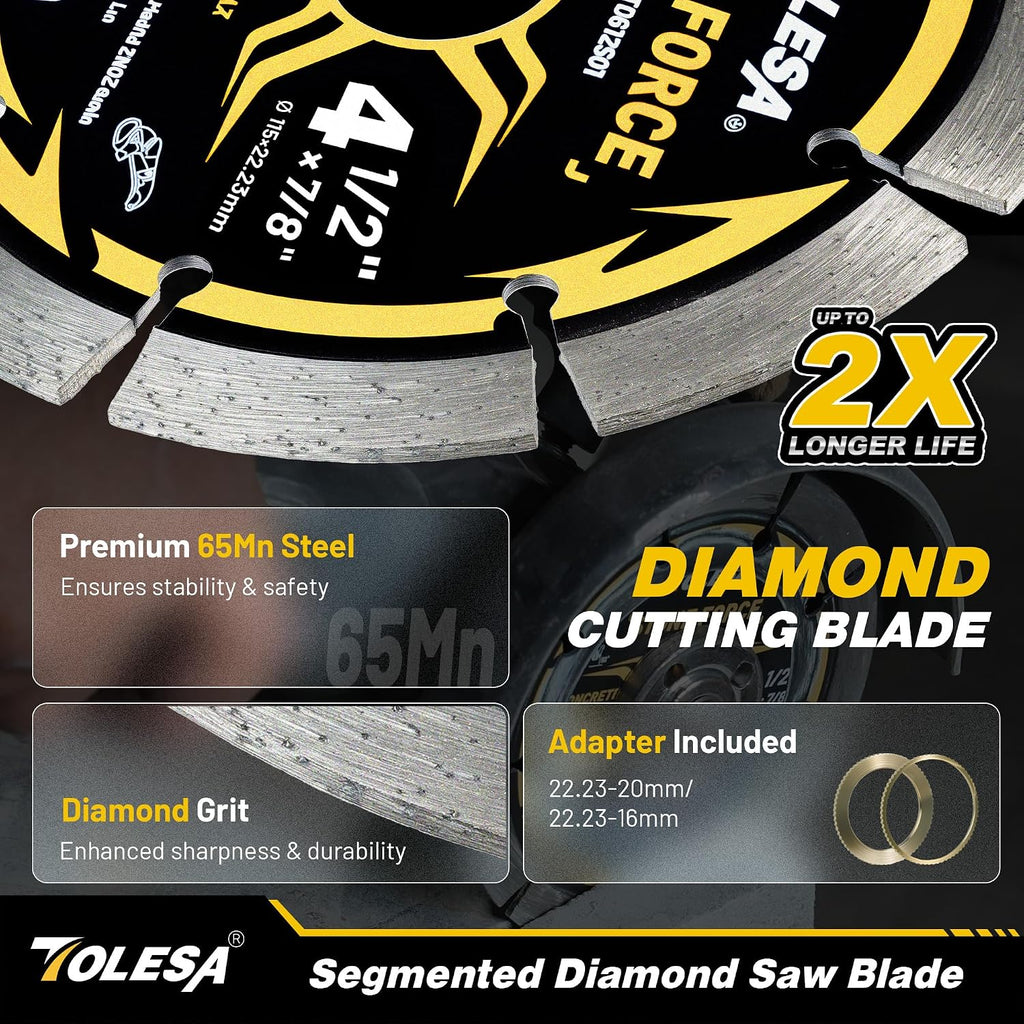 4-1/2 Inch Segmented Diamond Blade for Angle Grinder, Diamond Cutting Wheel with 7/8" Arbor, 20mm & 16mm Adapter