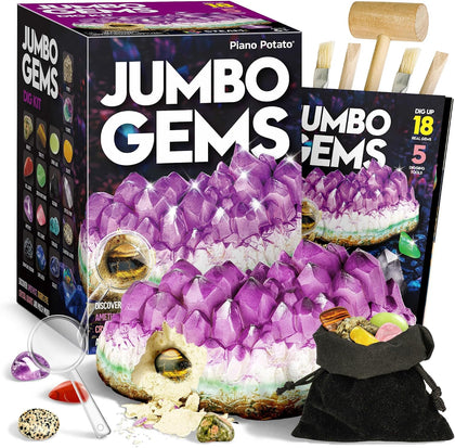 Piano Potato Jumbo Gemstone Dig Kit, 18 Real Crystals & Gems, STEM Toy 6+ | Amethyst Gem Dig Block, 5 Tools &