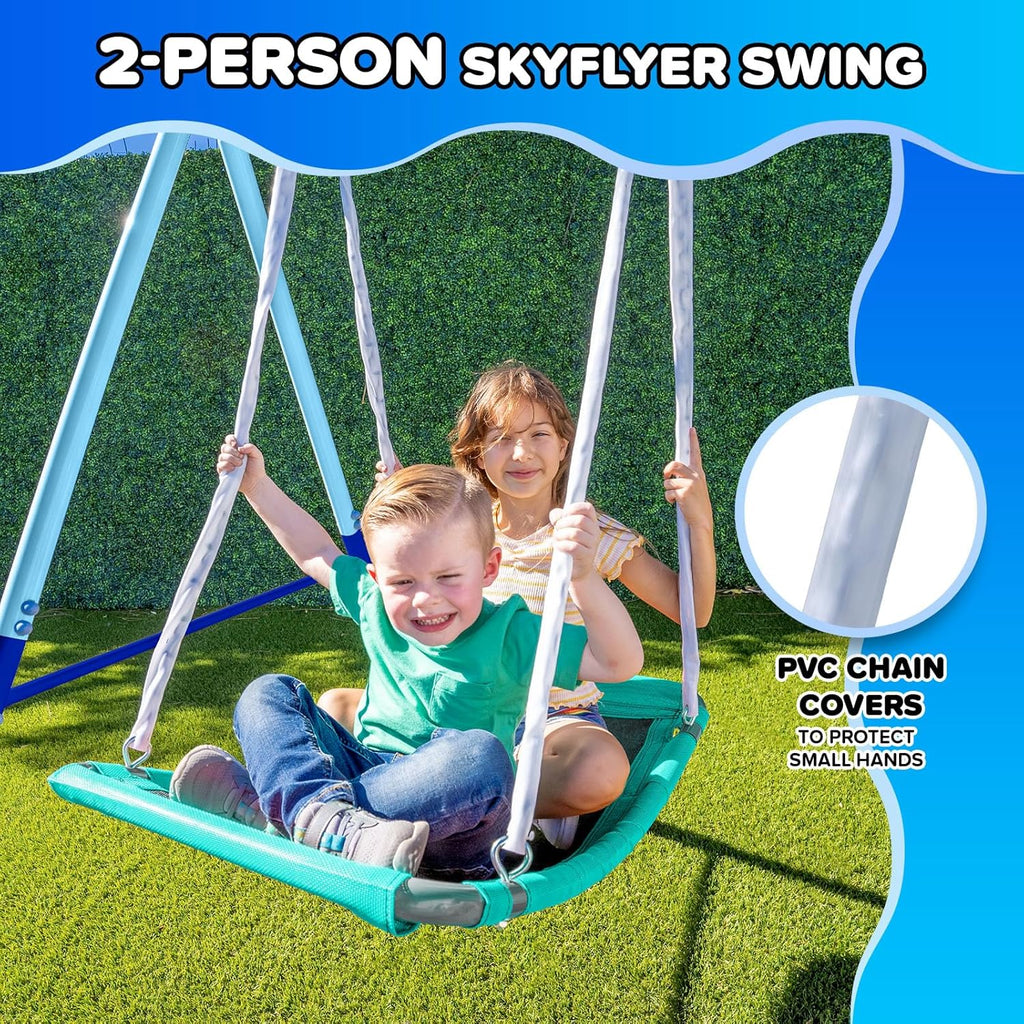 Ramona Metal Swing Set 7-in 1: 3 Swings, Climbing Ladder and net, Basketball Hoop, and 5-ft Blow Molded Slide, 700lb