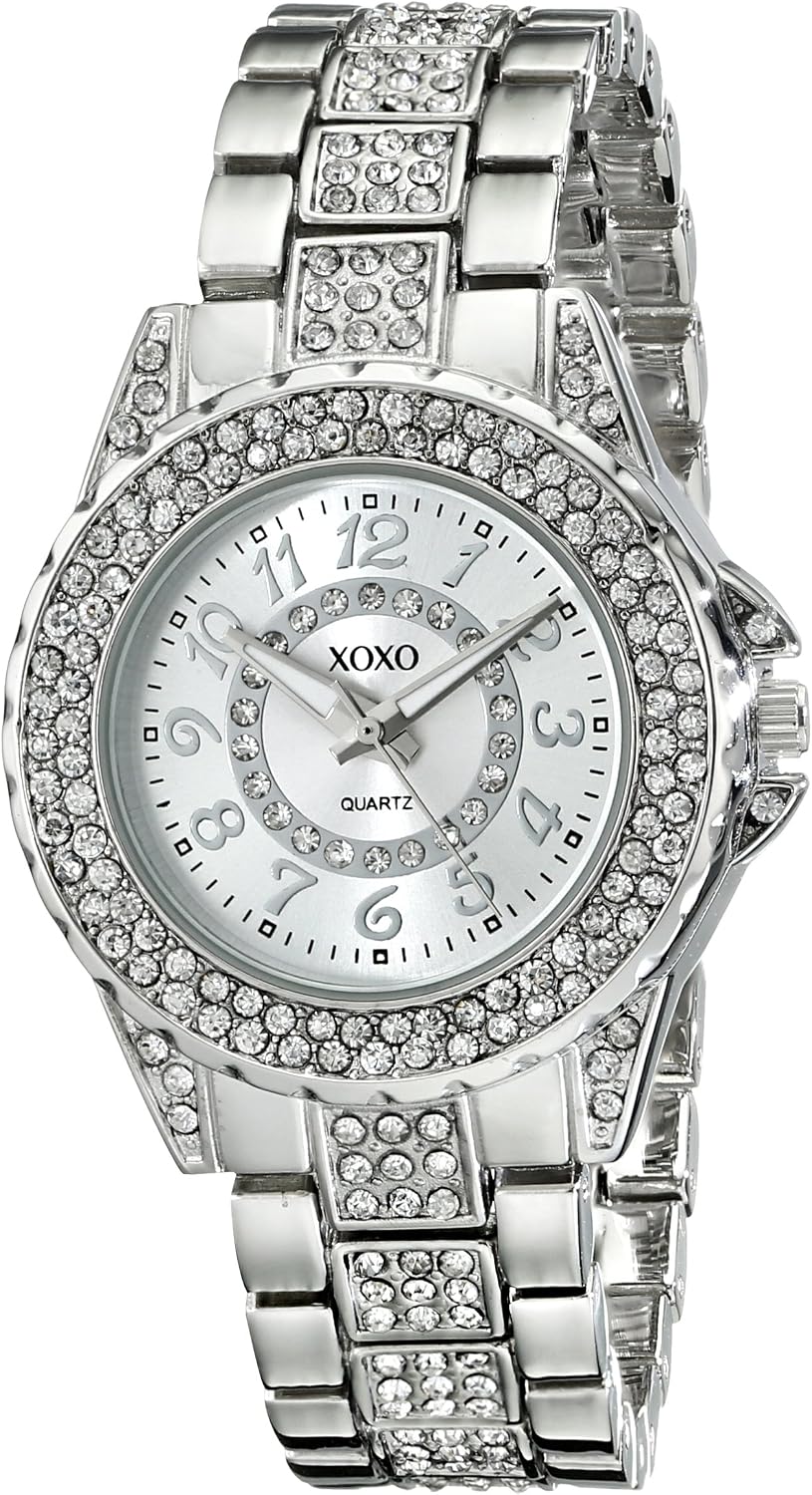 XOXO Silver-Tone Rhinestone Bracelet Watch – Elegant Analog Quartz Timepiece, Sparkling Crystal Accents, Durable