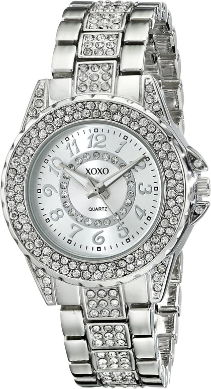 XOXO Silver-Tone Rhinestone Bracelet Watch – Elegant Analog Quartz Timepiece, Sparkling Crystal Accents, Durable