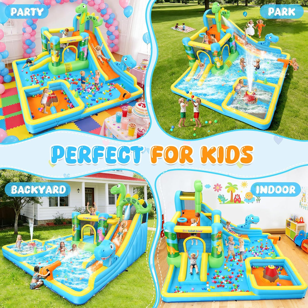Inflatable Water Slide,13 in 1 Dinosaur Themed Bounce House Water Park for Kids 3-12 with Dual Big Splash Pool&Long