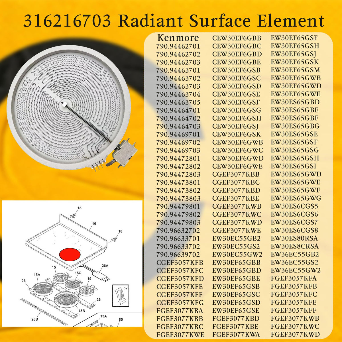STELPART 12" 316216703 Range Triple Radiant Surface Element for Kenmore