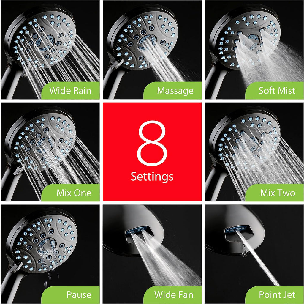 AquaCare High Pressure 8-mode Handheld Shower Head - Anti-clog Nozzles, Built-in Power Wash to Clean Tub, Tile &