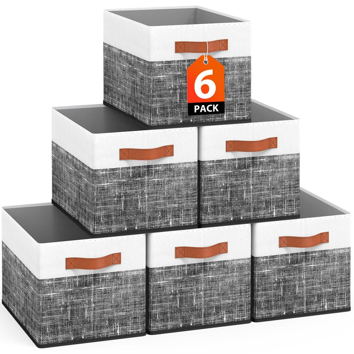 Collapsible Storage Baskets for Shelves,14"x10", 6 Pack Foldable Fabric Storage Bins with Double Leather Handles