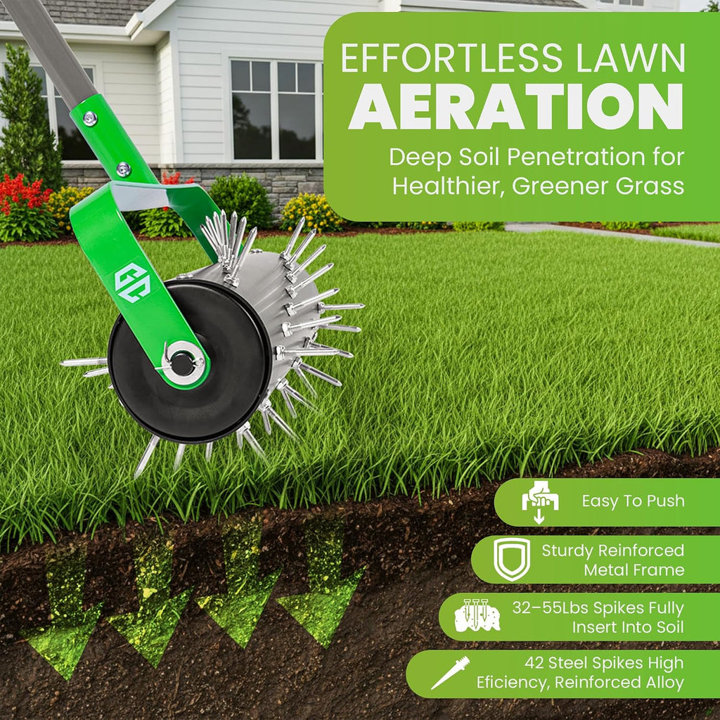 Manual Lawn Aerator Roller Tool, Heavy-Duty Rolling Lawn Aerator, 42 Pre-Attached Steel Spikes, 57 Inch Adjustable